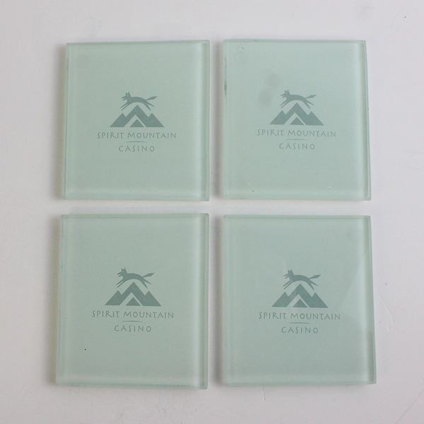 Lot Of 4 "Spirit Mountain Casino" Matching Blue Tinted Glass Coasters 4.5" x 4"