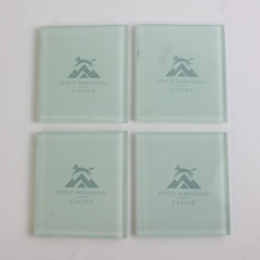 Lot Of 4 "Spirit Mountain Casino" Matching Blue Tinted Glass Coasters 4.5" x 4"