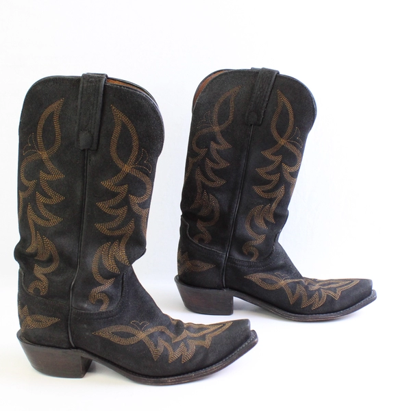Lucchese Women's 7 1/2 B Black Distressed Leather Toe with Wheat Stitching Boots