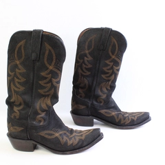 Lucchese Women's 7 1/2 B Black Distressed Leather Toe with Wheat Stitching Boots
