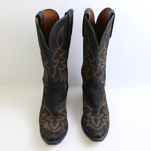 Lucchese Women's 7 1/2 B Black Distressed Leather Toe with Wheat Stitching Boots