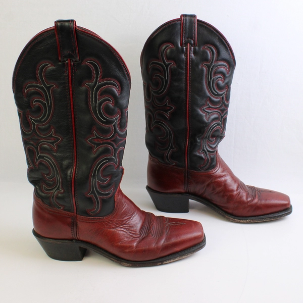 Abilene Women's 7 1/2 M Black and Red Square Pointed Toe Cowboy Boots