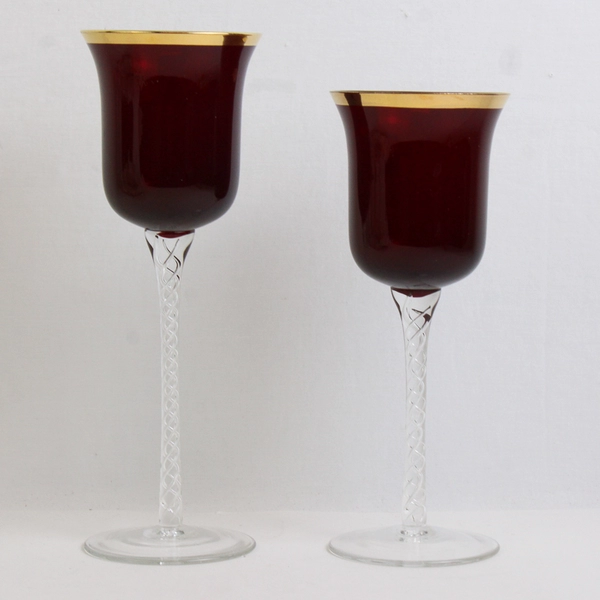 Lot Of 2 JCPenney Home Collection Ruby Glass Candle Holders W/ Gold Trim 8" & 9"