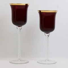 Lot Of 2 JCPenney Home Collection Ruby Glass Candle Holders W/ Gold Trim 8" & 9"