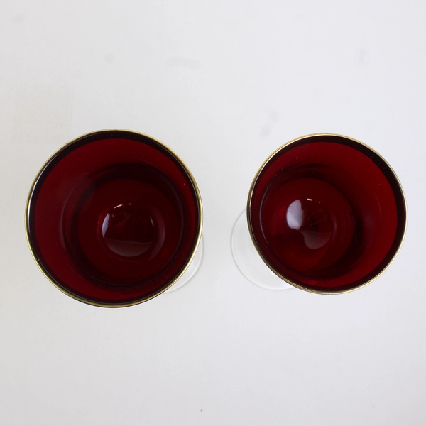 Lot Of 2 JCPenney Home Collection Ruby Glass Candle Holders W/ Gold Trim 8" & 9"