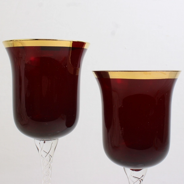 Lot Of 2 JCPenney Home Collection Ruby Glass Candle Holders W/ Gold Trim 8" & 9"