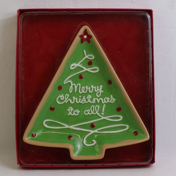 Hallmark Green/Red Ceramic Christmas Tree Cookie Plate 8" Long