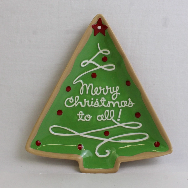 Hallmark Green/Red Ceramic Christmas Tree Cookie Plate 8" Long