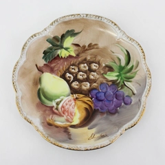 Vtg Hand Painted Fruit Pattern Porcelain Plate With A Gold Scalloped Rim Signed