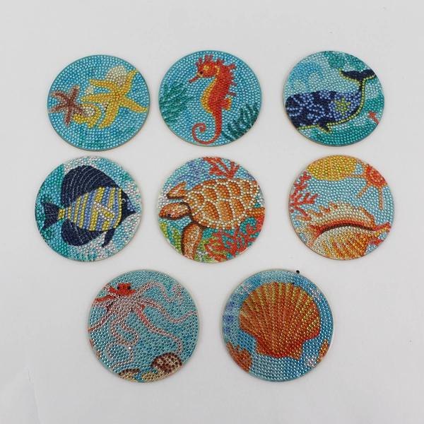  8 Piece Babouri Ocean Creatures Diamond Art Painting Coasters With Holder