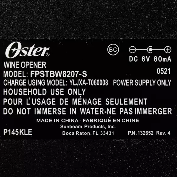 Oster Electric Wine Opener Silver Rechargeable Corkscrew 11.75" H