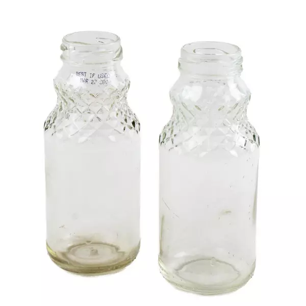 Set of 2 Clear Glass Juice Bottles Diamond Neck Vintage