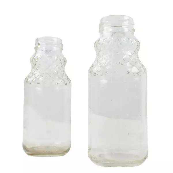 Set of 2 Clear Glass Juice Bottles Diamond Neck Vintage