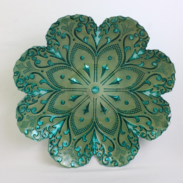 Unbranded Green Reverse Painted Flower Patterned Centerpiece Bowl 15.75"x15.75"