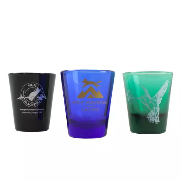 Lot of 3 Souvenir Shot Glasses - Spirit Mountain, Evergreen, Hummingbird