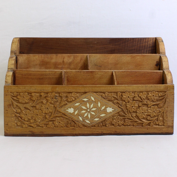 Unbranded Brown Carved Floral Wood Desk Organizer 7" Tall & 11.75" Long