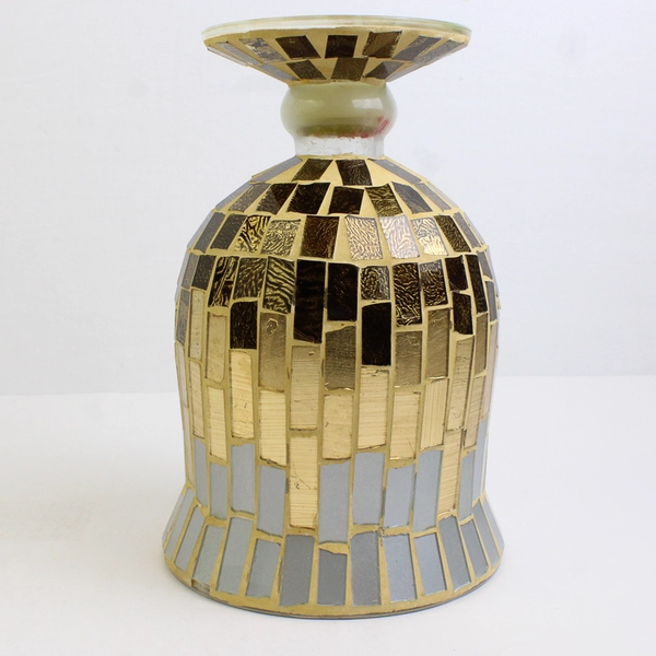 HD Design Gold/Silver Color Mosaic Style Glass Candle Holder Decor 8.5" Tall 