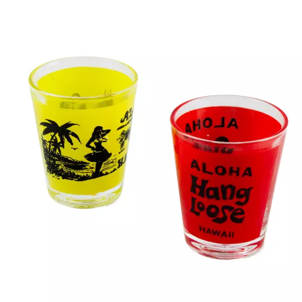 Set of 2 Hawaiian Souvenir Shot Glasses Red & Yellow - Used Collectible