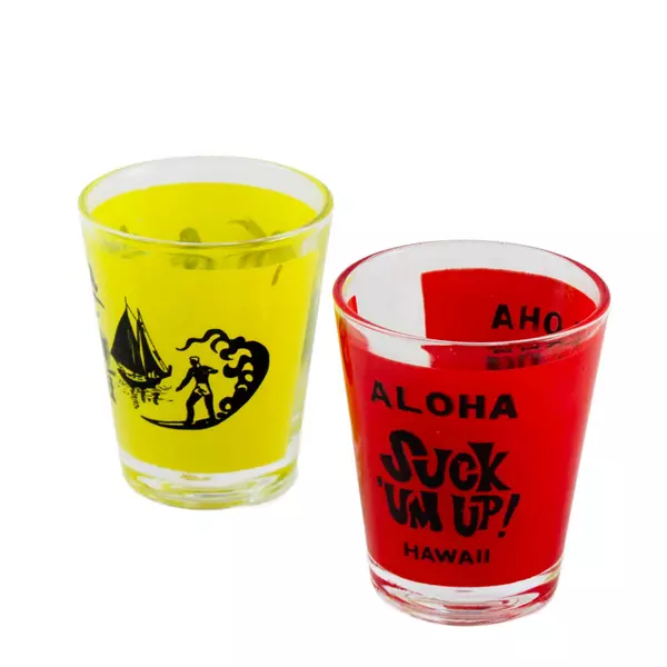 Set of 2 Hawaiian Souvenir Shot Glasses Red & Yellow - Used Collectible