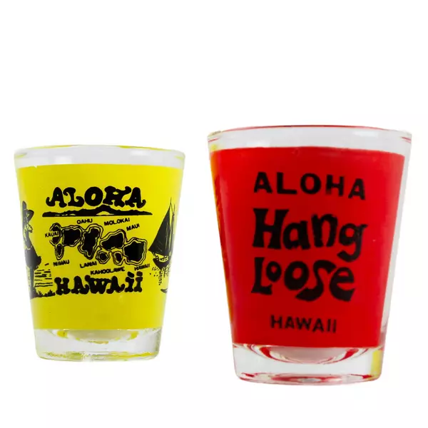 Set of 2 Hawaiian Souvenir Shot Glasses Red & Yellow - Used Collectible
