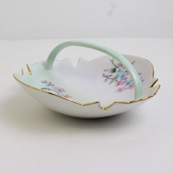 Unbranded Floral Pattern Porcelain Decor Dish With Handle Gold Trim 2.25" Tall