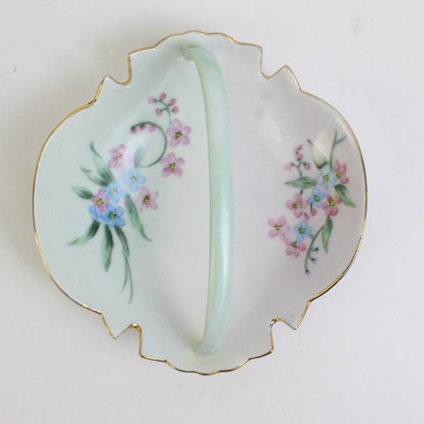 Unbranded Floral Pattern Porcelain Decor Dish With Handle Gold Trim 2.25" Tall