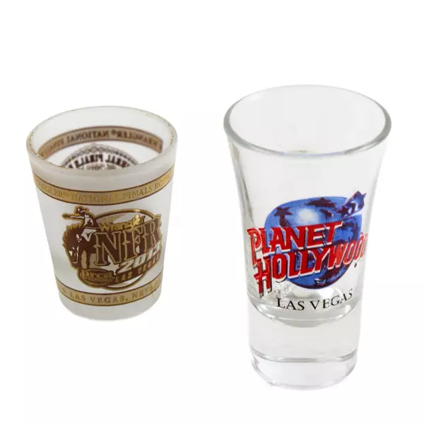 Lot of 2 NFR Rodeo Finals 2013 Shot Glasses Planet Hollywood Las Vegas