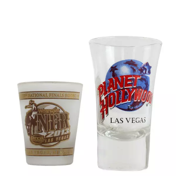 Lot of 2 NFR Rodeo Finals 2013 Shot Glasses Planet Hollywood Las Vegas