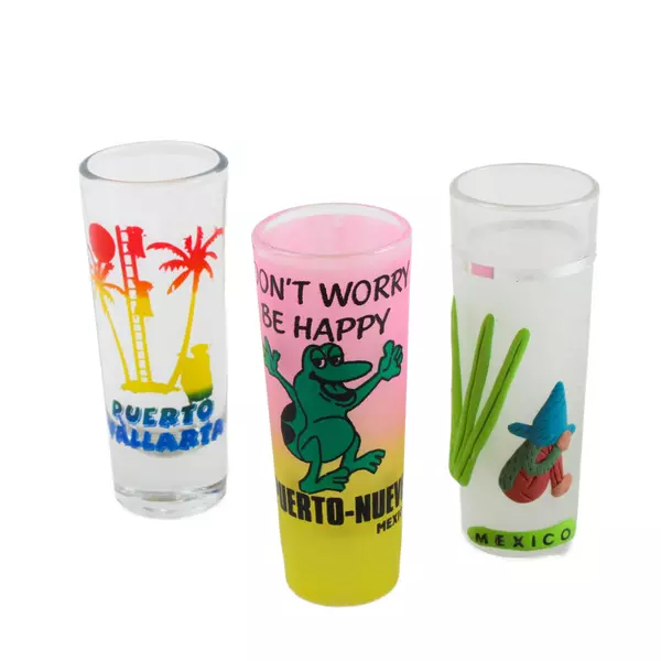 Lot of 3 Souvenir Shot Glasses Puerto Vallarta Puerto Nuevo Mexico