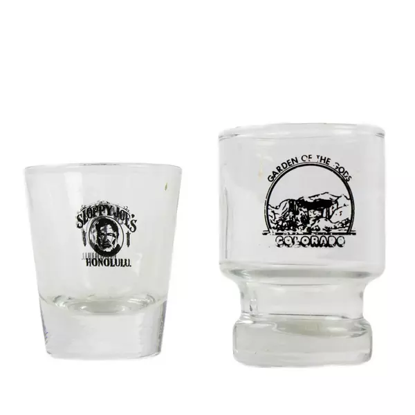 Lot of 2 Souvenir Shot Glasses Sloppy Joe's Honolulu & Garden of the Gods CO