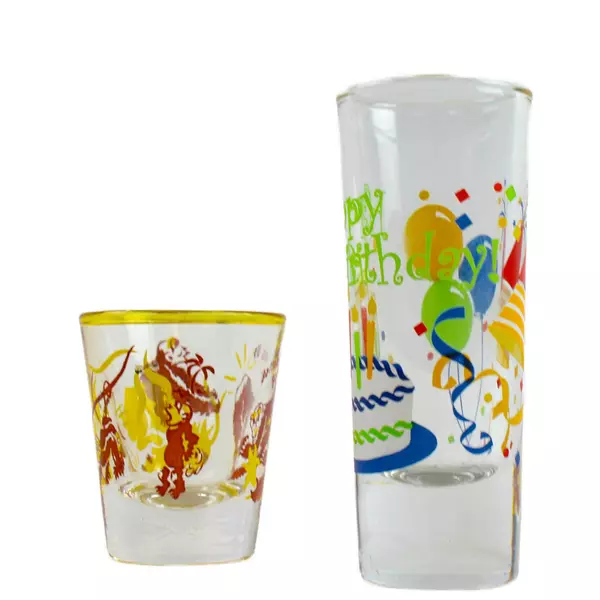 Lot of 2 Happy Birthday Bottoms Up Monkey Shot Glasses - Used