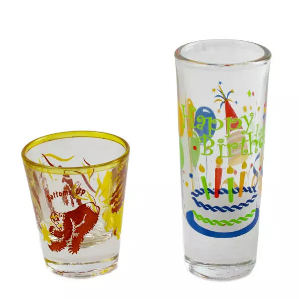 Lot of 2 Happy Birthday Bottoms Up Monkey Shot Glasses - Used