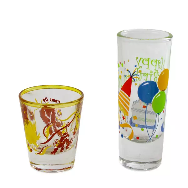 Lot of 2 Happy Birthday Bottoms Up Monkey Shot Glasses - Used