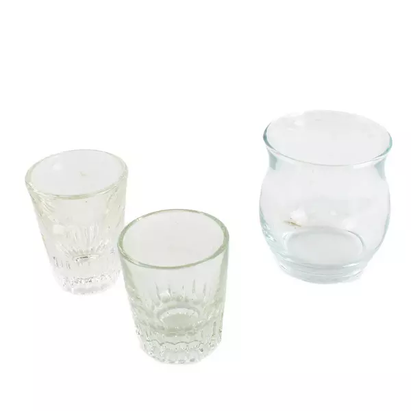 Lot of 3 Glasses - 2 Clear Shot Glasses & 1 Small Drinking Glass