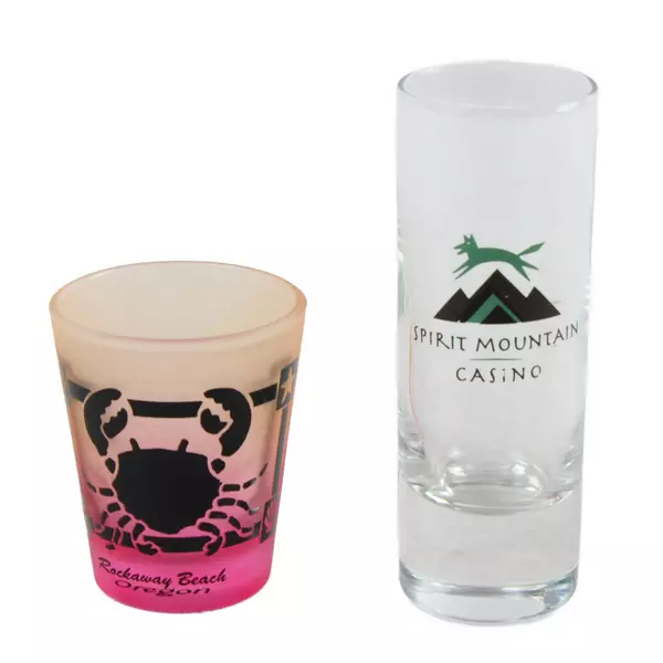 Lot of 2 Souvenir Shot Glasses Spirit Mountain Casino & Crab Rockaway Beach