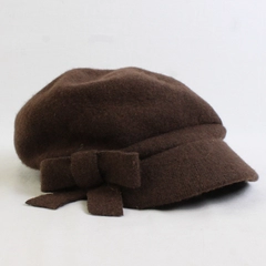 August Womens Solid Brown Color With Bow Newsboy Cap Hat Wool/Nylon One Size