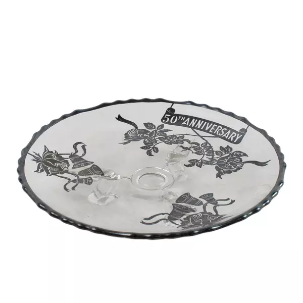 Vintage 3-Footed Clear Glass 50th Anniversary Plate, Black Writing