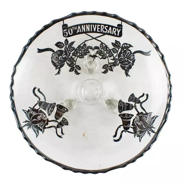 Vintage 3-Footed Clear Glass 50th Anniversary Plate, Black Writing