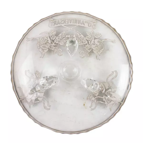 Vintage 3-Footed Clear Glass 50th Anniversary Plate, Black Writing