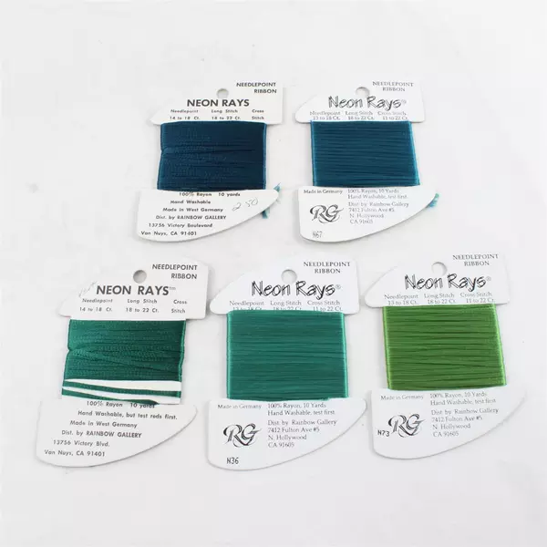 New Lot of 5 Neon Rays Needlepoint Ribbon, Green Shades 10 yds. each  