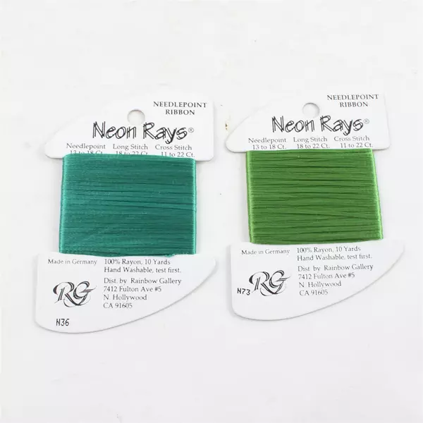 New Lot of 5 Neon Rays Needlepoint Ribbon, Green Shades 10 yds. each  