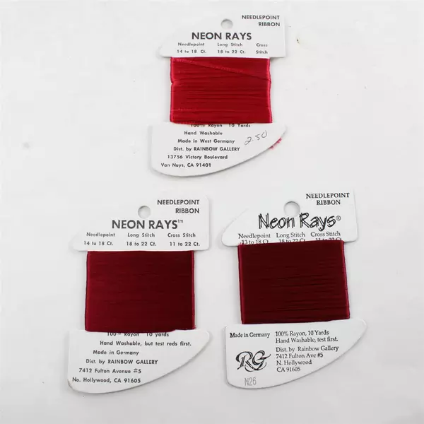 Lot of 9 Neon Rays Needlepoint Ribbon,10 Yds. ea. Pink & Burgundy, New  