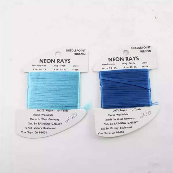 New Lot 5 Neon Rays Needlepoint Ribbon - 2 sparkling, 10 Yds. ea. Blue Hues