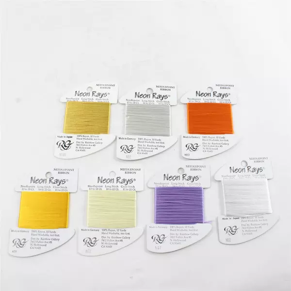 Lot of 7 Neon Rays Needlepoint Ribbon,10 Yds. each, Asst'd Colors, New  