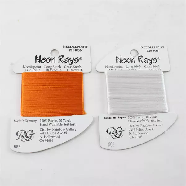 Lot of 7 Neon Rays Needlepoint Ribbon,10 Yds. each, Asst'd Colors, New  