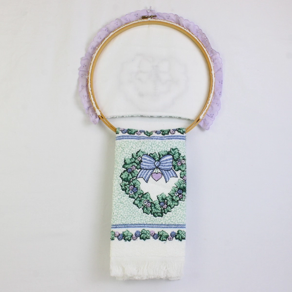 Handmade Kitchen Towel Mounted on an Embroidery Hoop with Foliage Heart Design