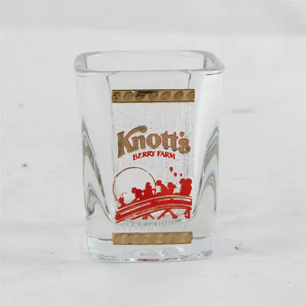 Vintage Knott's Berry Farm Shot Glass Gold Red Amusement Park Souvenir