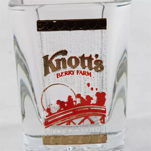 Vintage Knott's Berry Farm Shot Glass Gold Red Amusement Park Souvenir