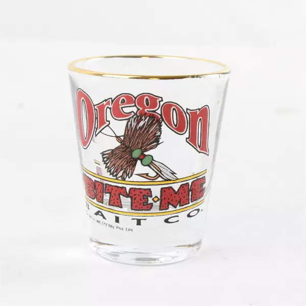 Oregon Bite Me Bait Company Standard Shot Glass Vintage Souvenir