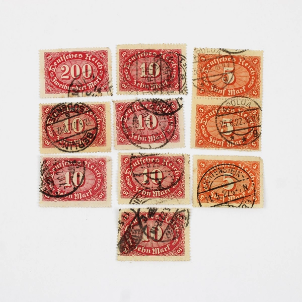 Lot Of 10 Germany Deutsches Reich 5/10/200 Mark Stamps 1920s Used
